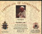 Certificate of Appreciation from Pope